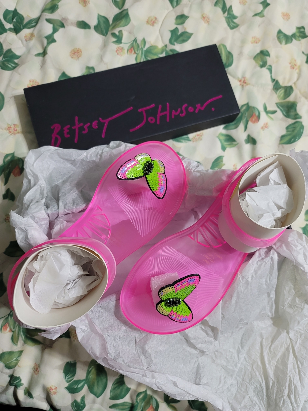 Betsey Johnson Hot Pink Jelly Sandals with Neon Butterfly Accents